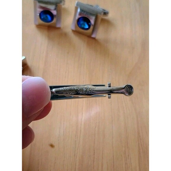 Set Of Three Foster Silver Cufflinks With 2 Matching Tie Pins With Deep Blue - Picture 4 of 6